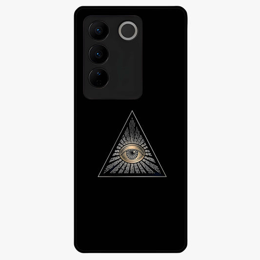 Illuminati Evil Glass Case showing flat back view with mysterious illuminati symbol artwork and glossy glass finish.