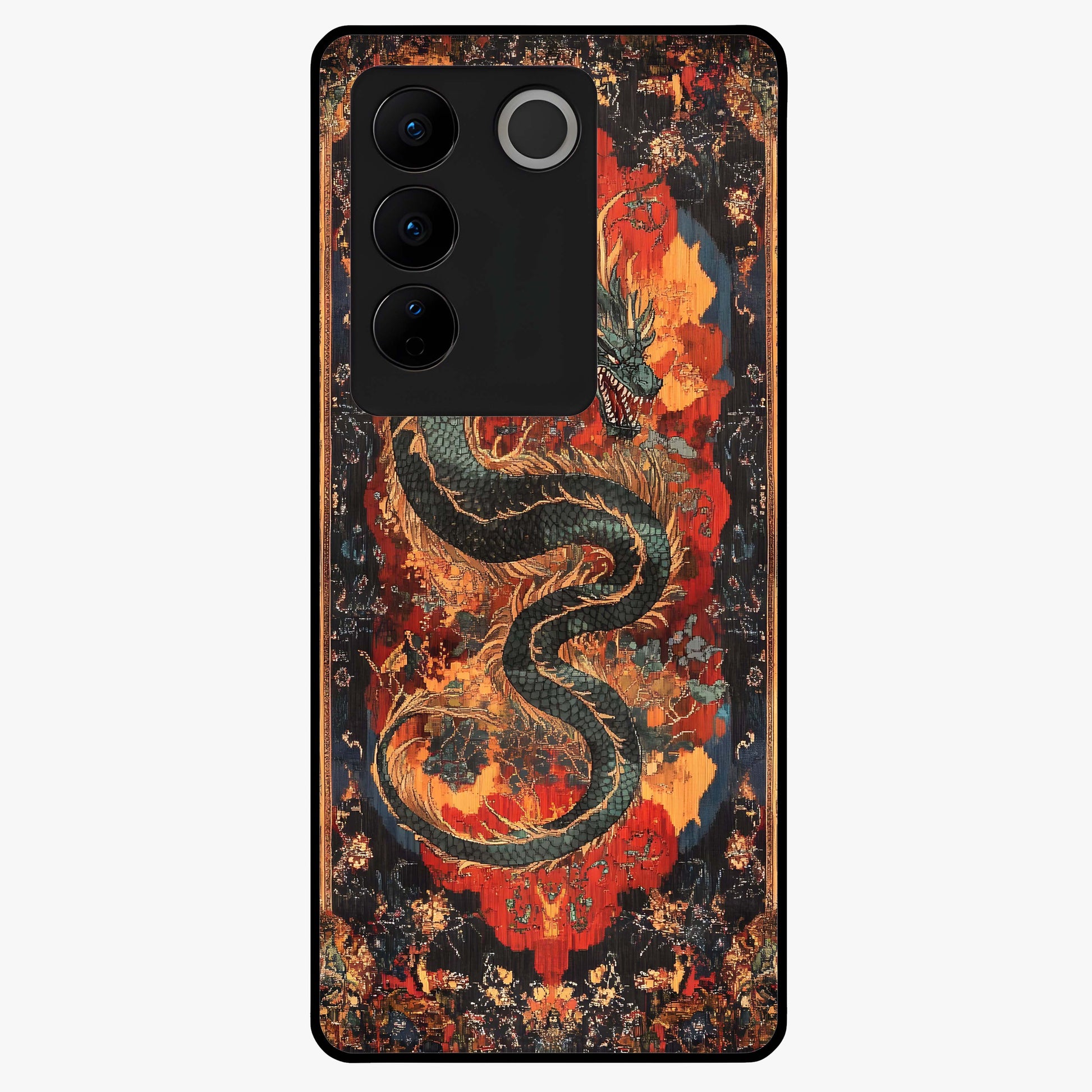 Inferno Dragon Soul Glass Case showing flat back view with fiery dragon artwork and glossy glass finish.