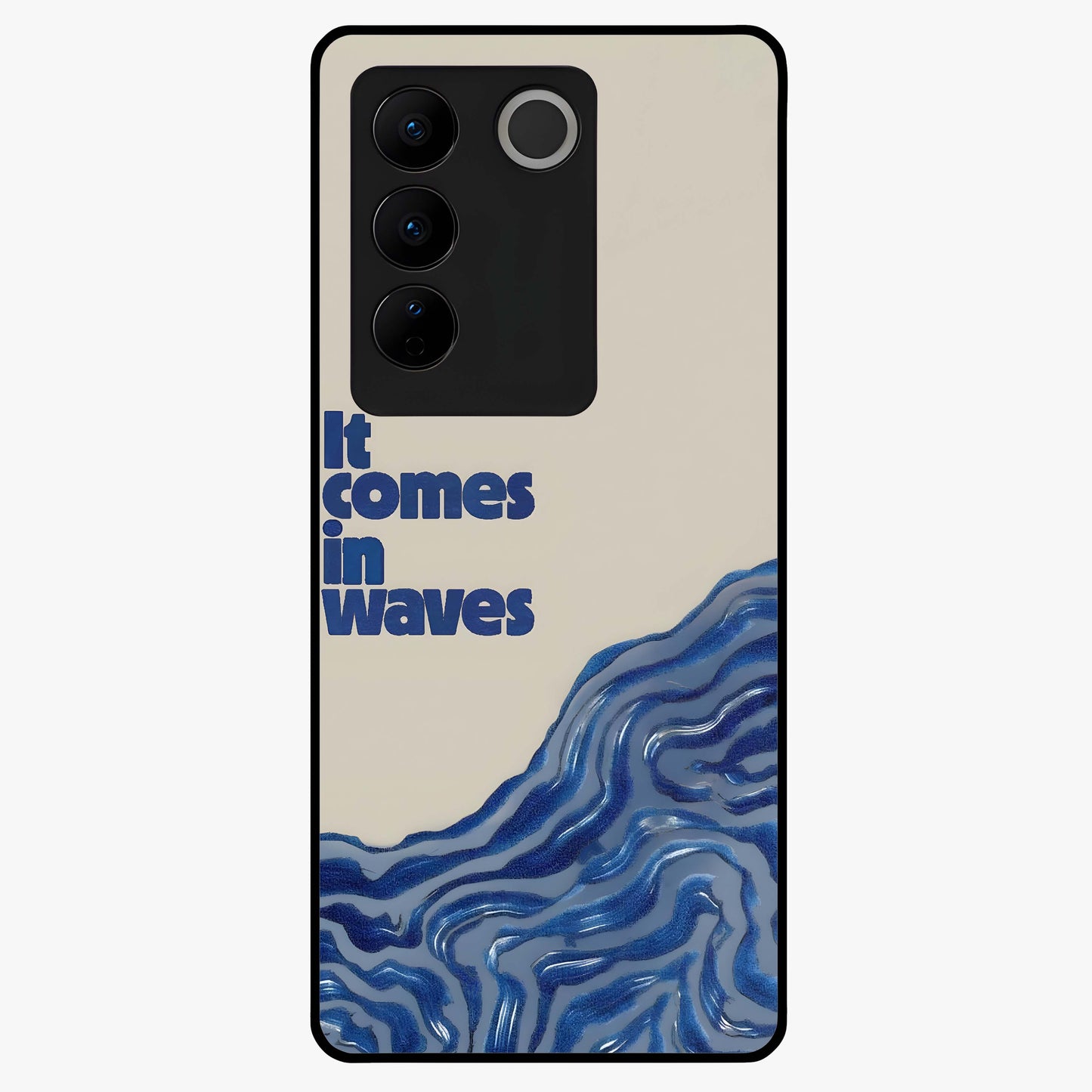 It Comes In Waves Quote Glass Case showing flat back view with inspirational wave themed quote artwork and glossy glass finish.