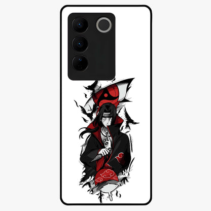 Itachi Sharingan Glass Case showing flat back view with powerful anime eye artwork and glossy glass finish.