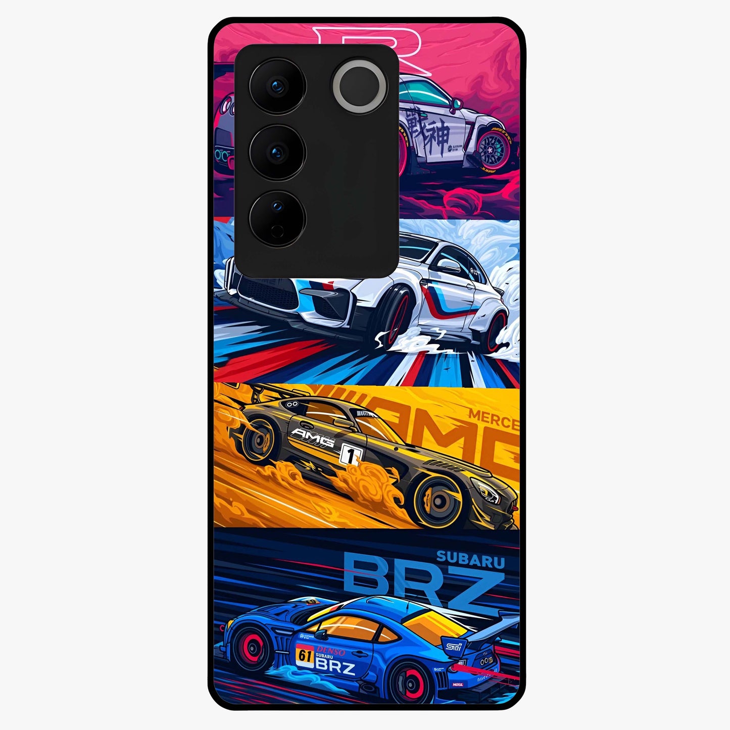 JDM Sports Car Glass Case showing flat back view with high performance sports car artwork and glossy glass finish.