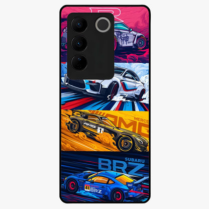 JDM Sports Car Glass Case showing flat back view with high performance sports car artwork and glossy glass finish.
