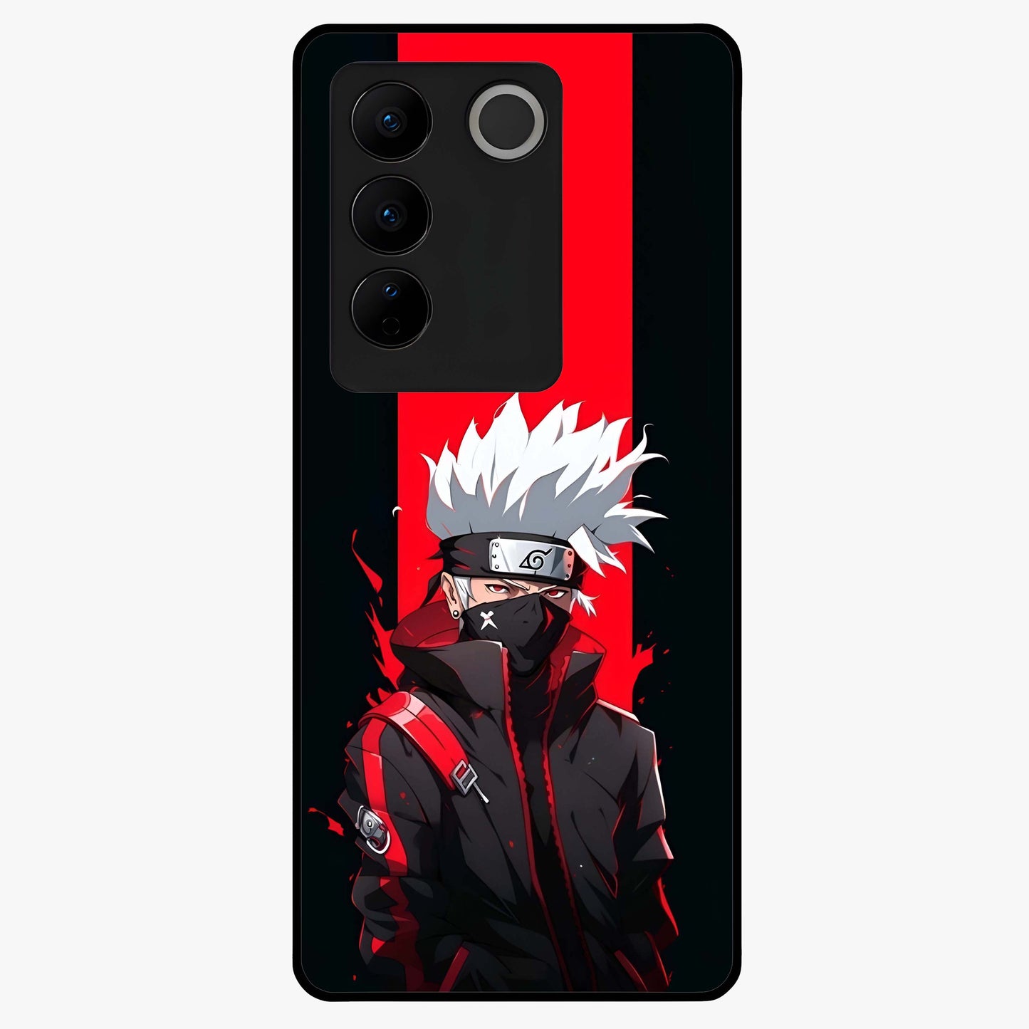 Kakashi Scarlet Shadow Glass Case showing flat back view with powerful anime ninja artwork and glossy glass finish.