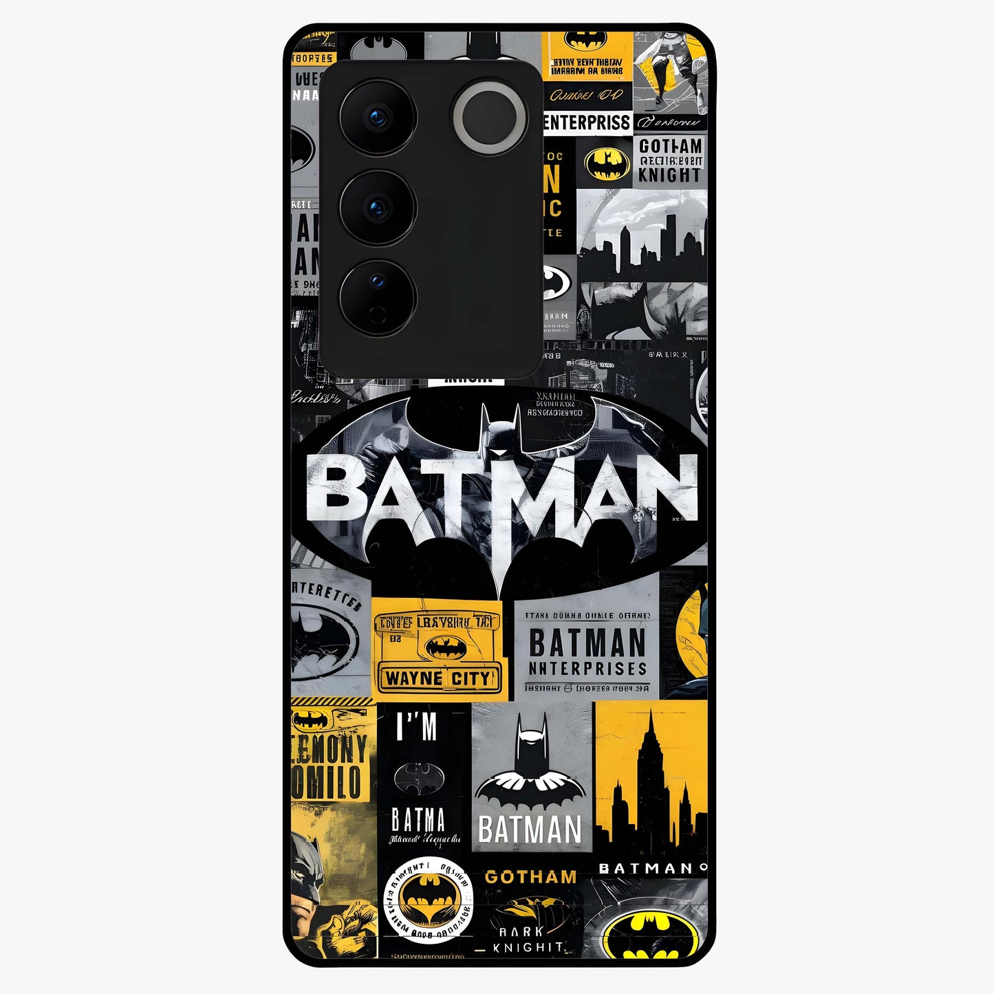 Knight Gotham Rise Glass Case showing flat back view with dark hero inspired artwork and glossy glass finish.