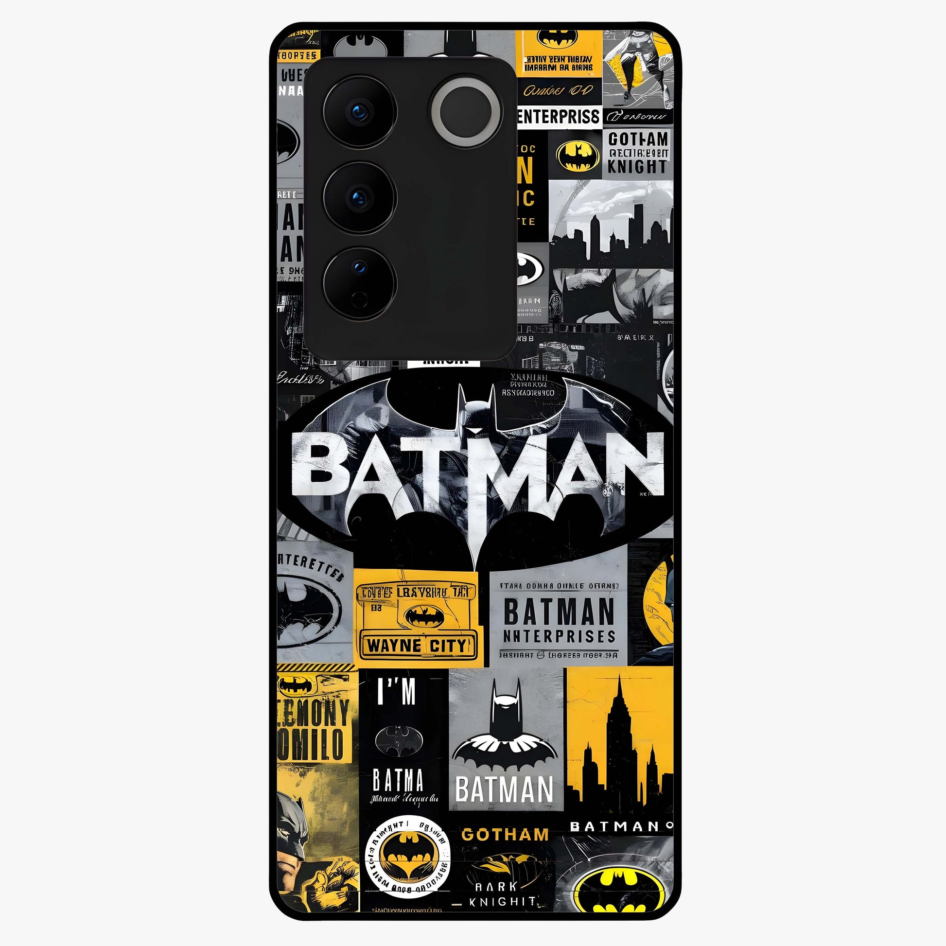 Knight Gotham Rise Glass Case showing flat back view with dark hero inspired artwork and glossy glass finish.