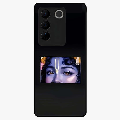 Krishna Divine Embrace Glass Case showing flat back view with Lord Krishna devotional artwork and glossy glass finish.