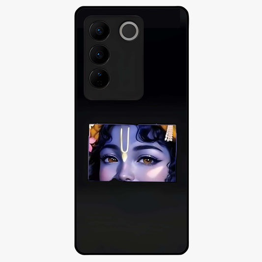 Krishna Divine Embrace Glass Case showing flat back view with Lord Krishna devotional artwork and glossy glass finish.