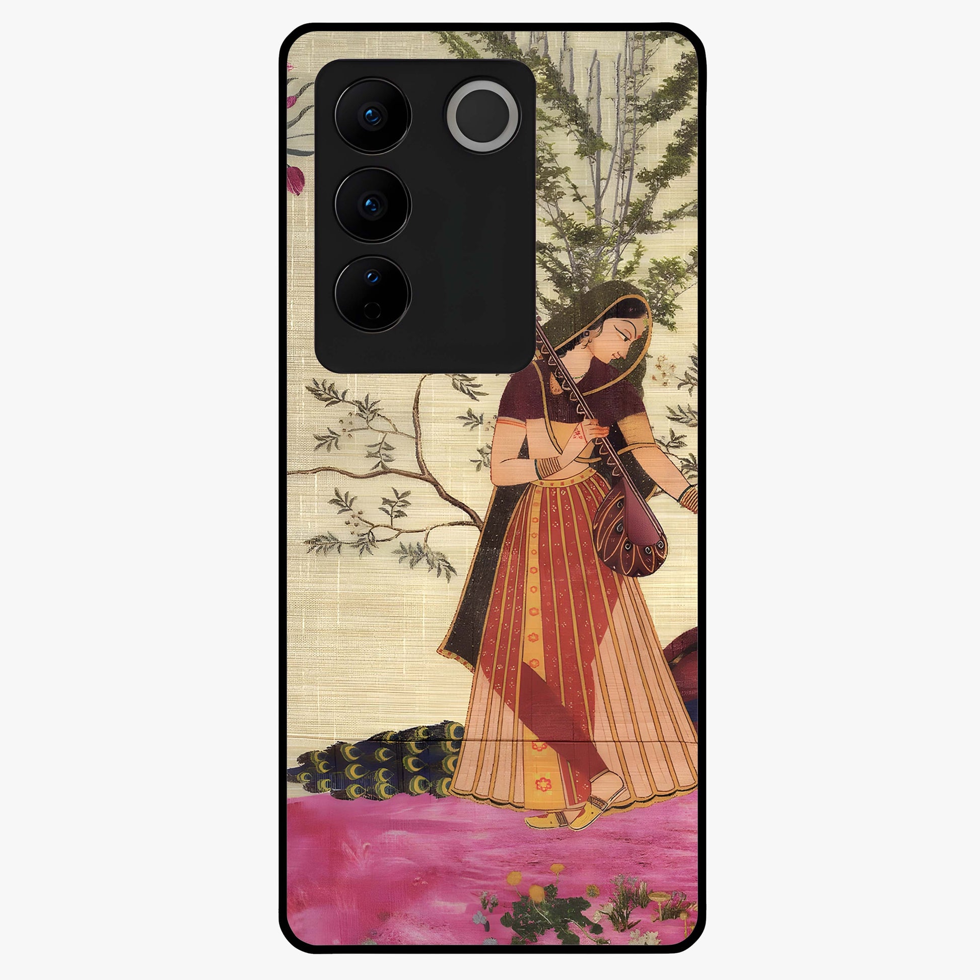 Lady With Veena Art Glass Case showing flat back view with elegant woman playing veena artwork and glossy glass finish.