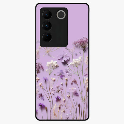 Lavender Blossom Dream Glass Case showing flat back view with soft lavender floral artwork and glossy glass finish.