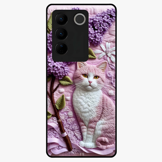 Lavender Cat Whimsy Glass Case showing flat back view with cute lavender cat artwork and glossy glass finish.