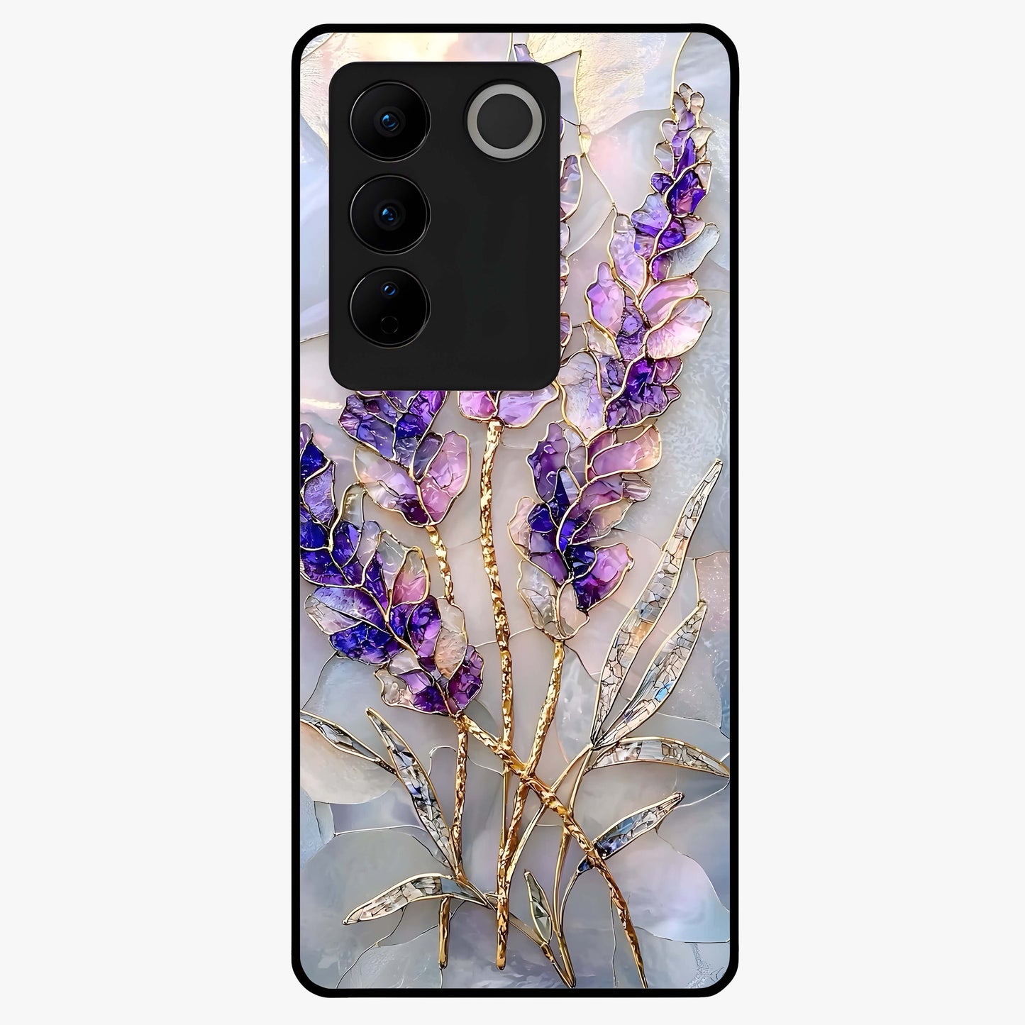 Lavender Dream Glow Glass Case showing flat back view with glowing lavender aesthetic artwork and glossy glass finish.