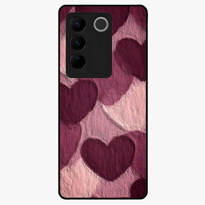 Layered Paper Hearts Glass Case showing flat back view with layered paper heart artwork and glossy glass finish.