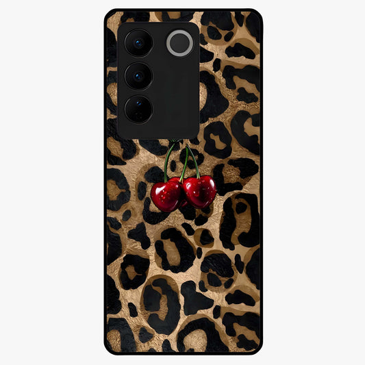 Leopard Wild Cherry Glass Case showing flat back view with leopard pattern and cherry artwork and glossy glass finish.