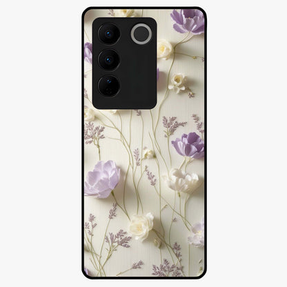 Lilac Breeze Harmony Glass Case showing flat back view with soft lilac themed artwork and glossy glass finish.