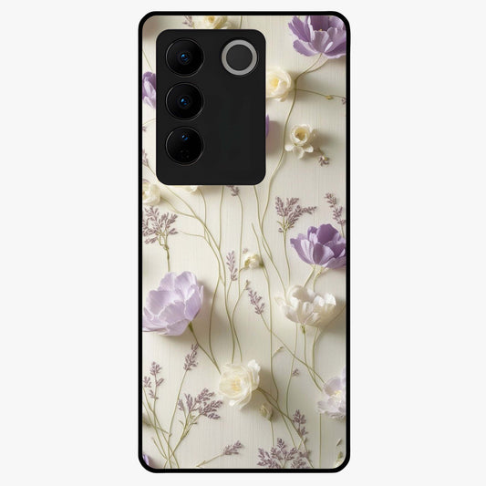 Lilac Breeze Harmony Glass Case showing flat back view with soft lilac themed artwork and glossy glass finish.