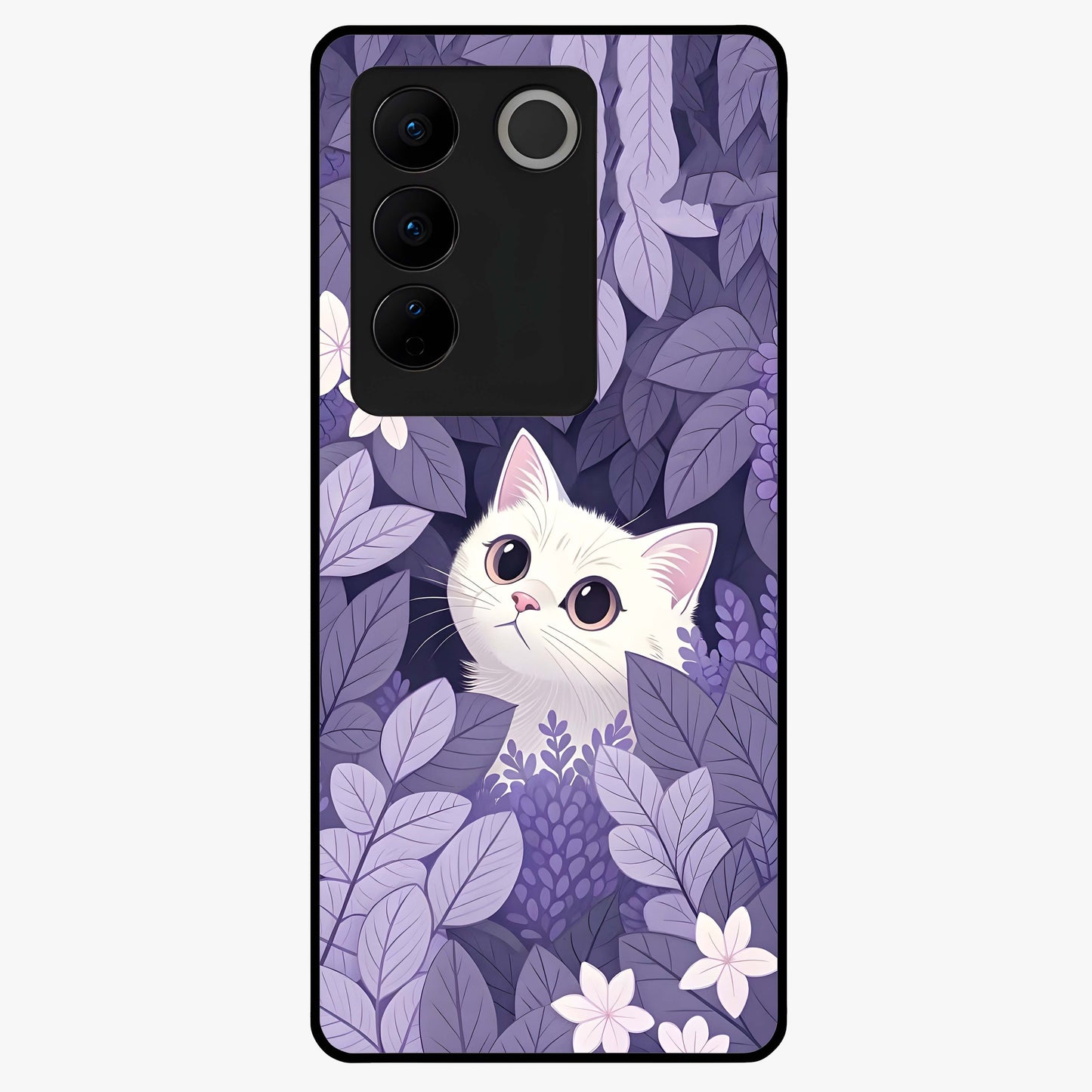 Lilac Hide Peek Cat Glass Case showing flat back view with cute peeking cat artwork and glossy glass finish.