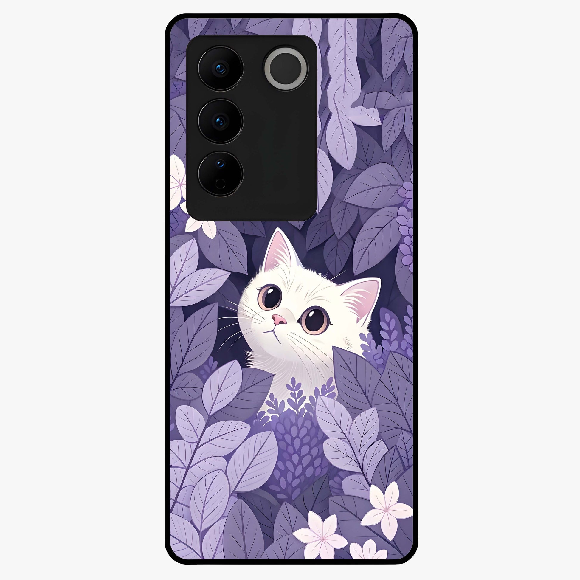 Lilac Hide Peek Cat Glass Case showing flat back view with cute peeking cat artwork and glossy glass finish.