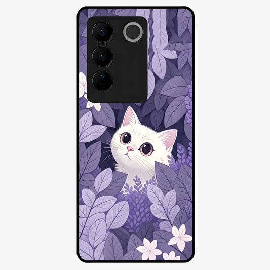 Lilac Hide Peek Cat Glass Case showing flat back view with cute peeking cat artwork and glossy glass finish.
