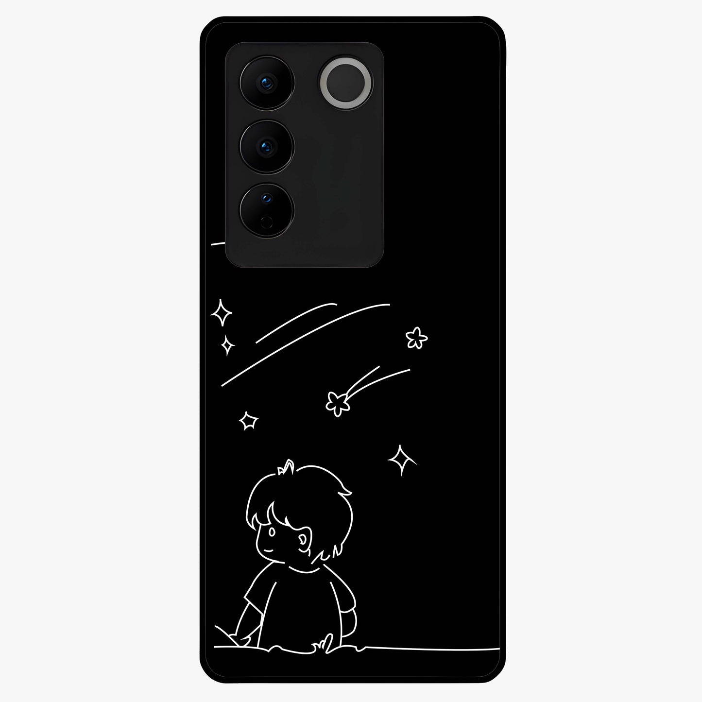 Line Art Boy With Shooting Stars Glass Case showing flat back view with minimal line art boy and shooting stars illustration and glossy glass finish.