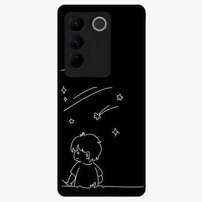 Line Art Boy With Shooting Stars Glass Case showing flat back view with minimal line art boy and shooting stars illustration and glossy glass finish.