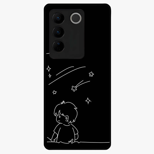 Line Art Boy With Shooting Stars Glass Case showing flat back view with minimal line art boy and shooting stars illustration and glossy glass finish.