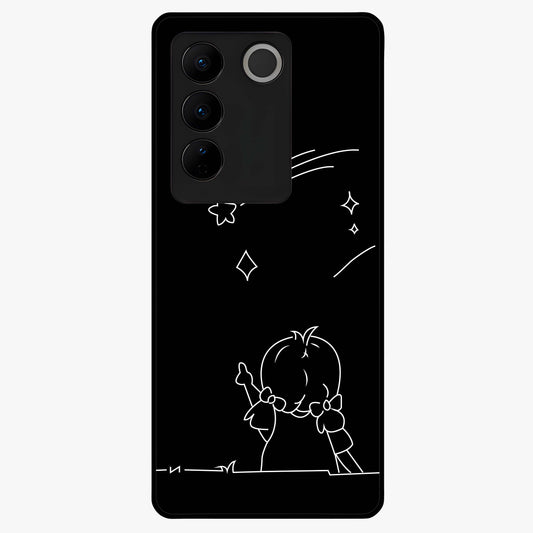 Line Art Girl With Shooting Stars Glass Case showing flat back view with minimal line art girl and shooting stars illustration and glossy glass finish.