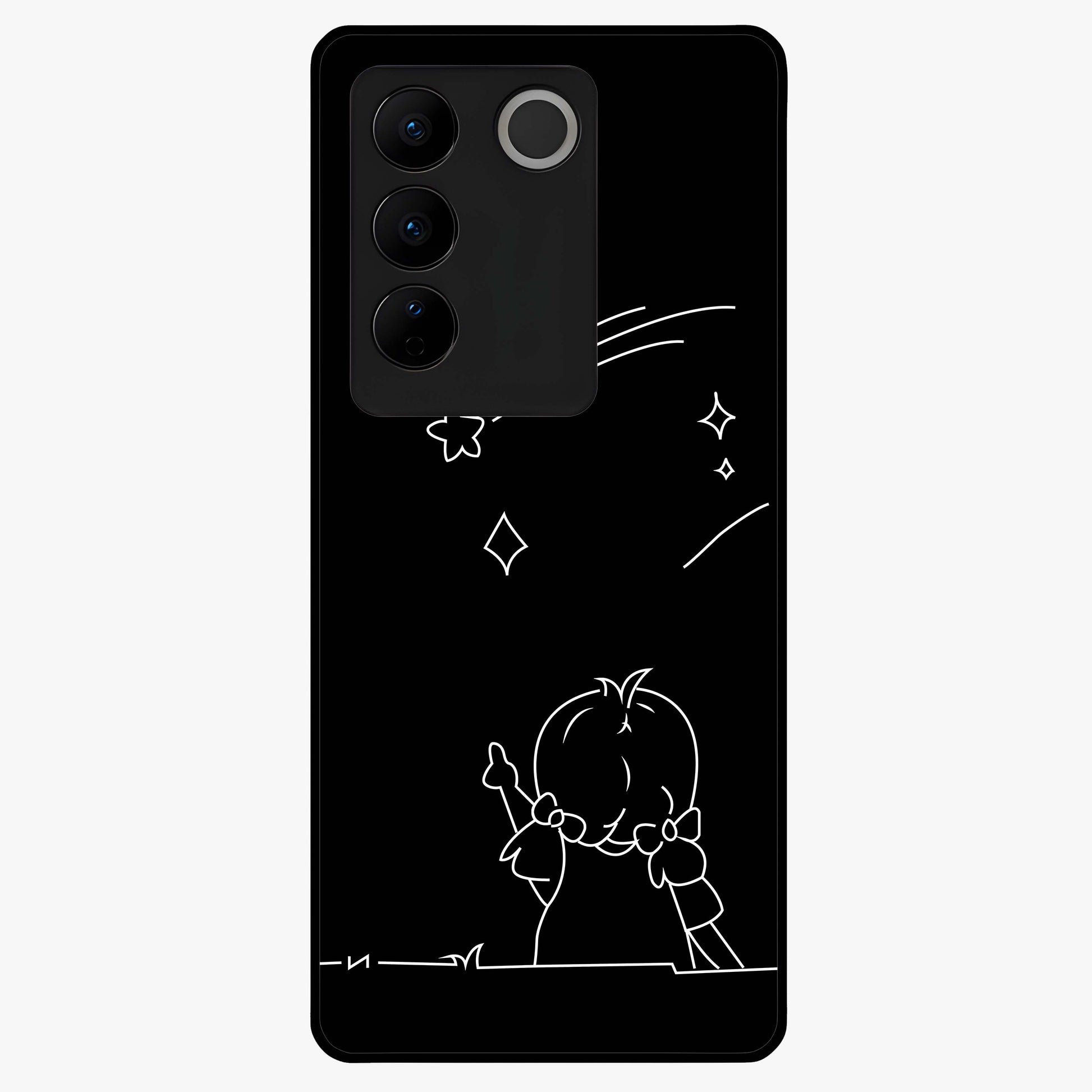 Line Art Girl With Shooting Stars Glass Case showing flat back view with minimal line art girl and shooting stars illustration and glossy glass finish.