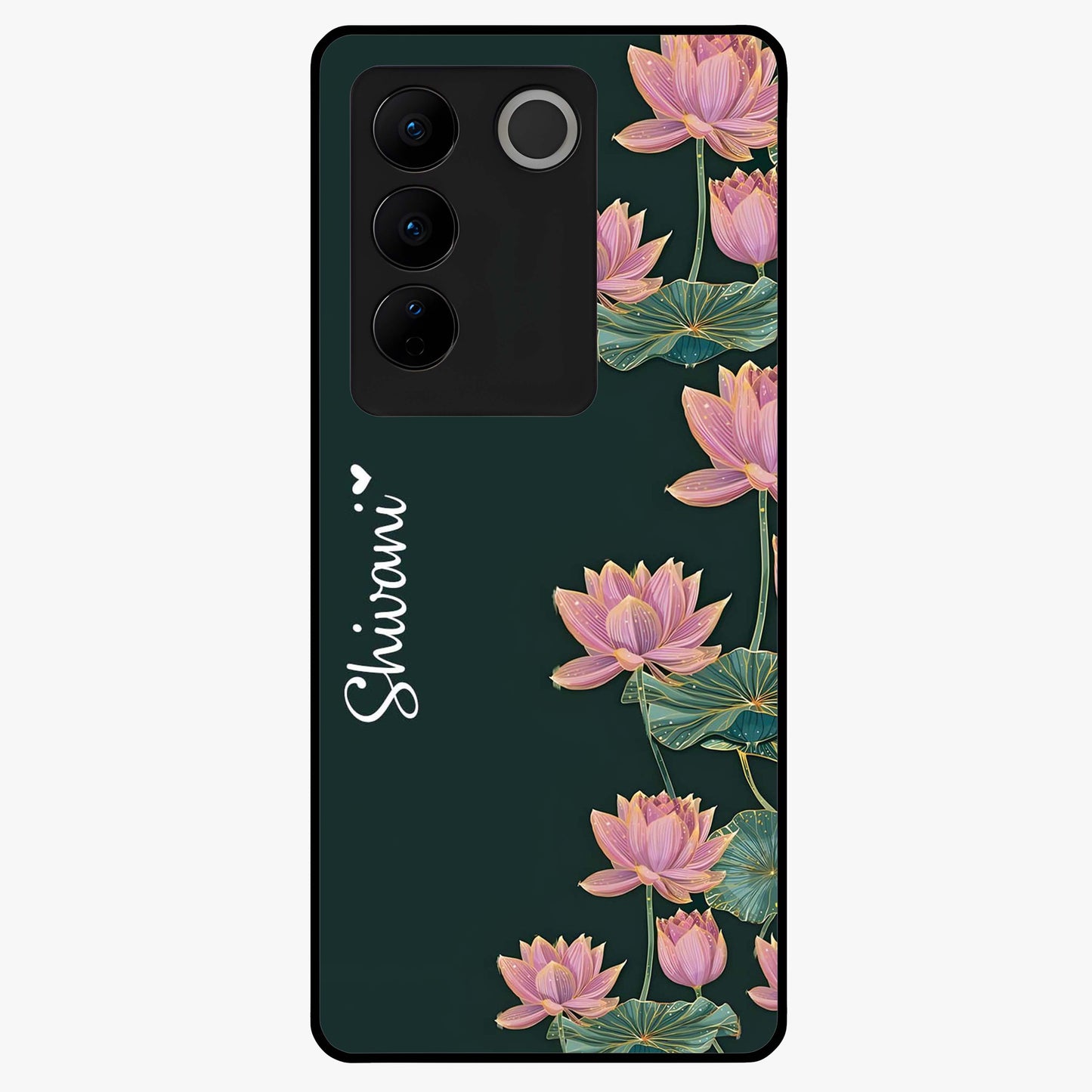 Lotus Bloom Serenity Custom Name Glass Case showing flat back view with elegant lotus flower artwork and personalized name design.