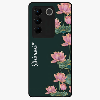 Lotus Bloom Serenity Custom Name Glass Case showing flat back view with elegant lotus flower artwork and personalized name design.