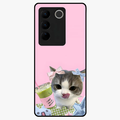 Love Matcha Cat Glass Case showing flat back view with cute cat and matcha themed artwork and glossy glass finish.