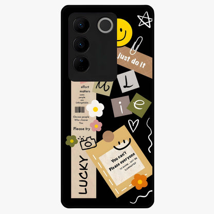 Lucky Aesthetic Collage Glass Case showing flat back view with trendy aesthetic collage artwork and glossy glass finish.