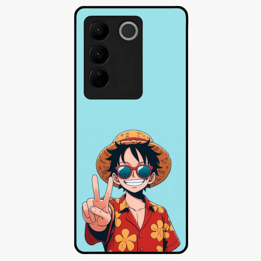 Luffy Summer Anime Vibe Glass Case showing flat back view with vibrant anime character artwork and glossy glass finish.