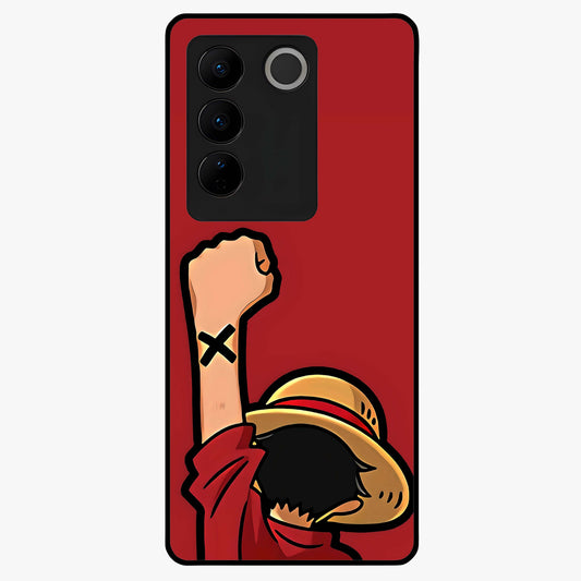 Luffy X Spirit Glass Case showing flat back view with bold anime character artwork and glossy glass finish.