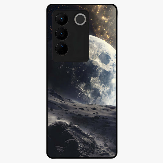 Lunar Horizon Glow Glass Case showing flat back view with glowing moon horizon artwork and glossy glass finish.