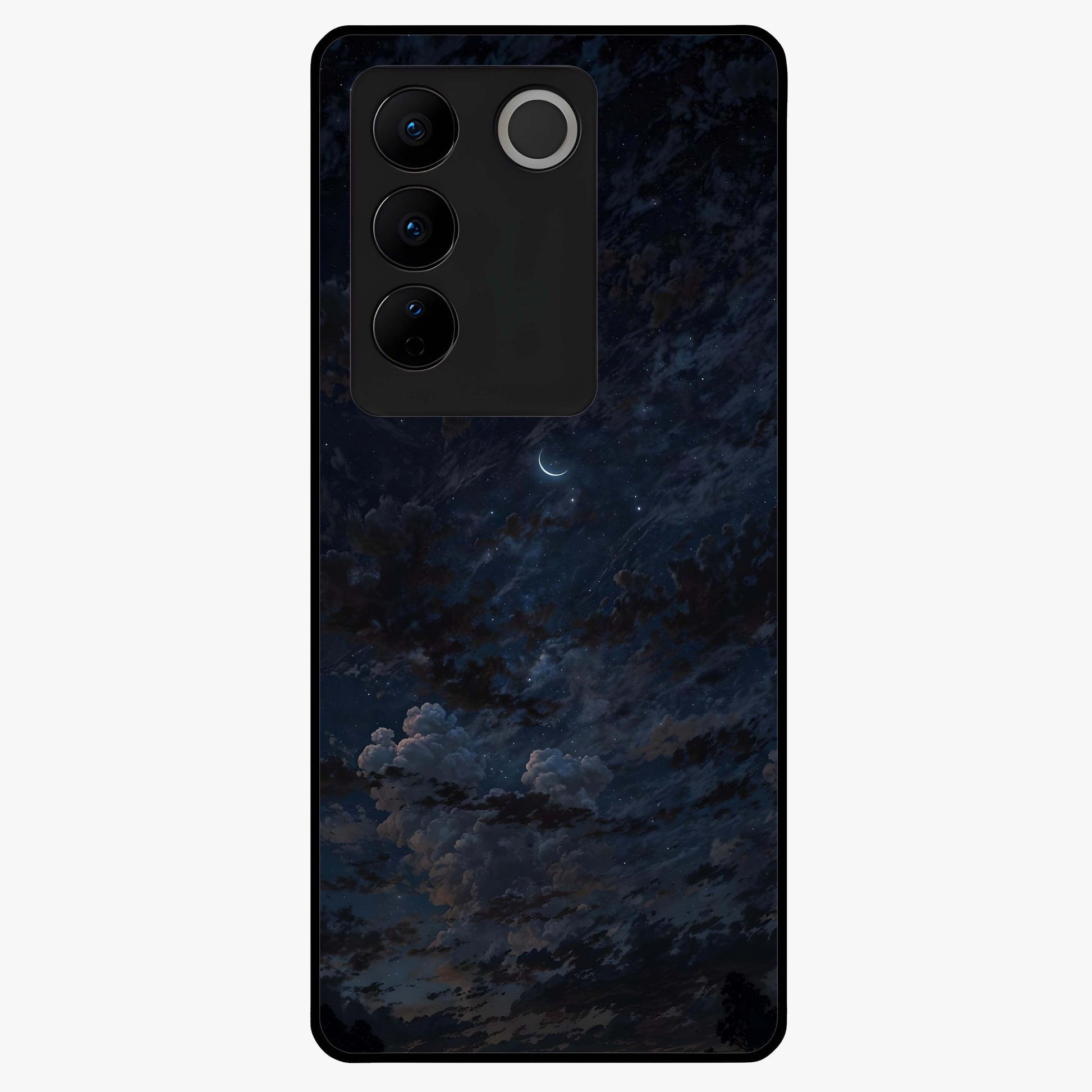 Lunar Veil Silence Glass Case showing flat back view with mystical moon veil artwork and glossy glass finish.
