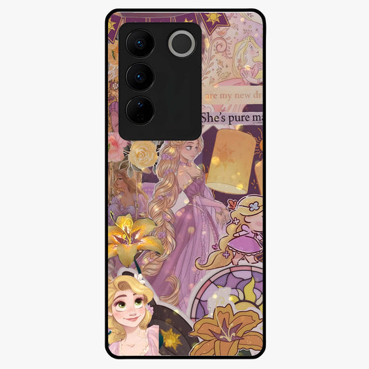 Magical Tangled Dream Glass Case showing flat back view with dreamy tangled artwork and glossy glass finish.