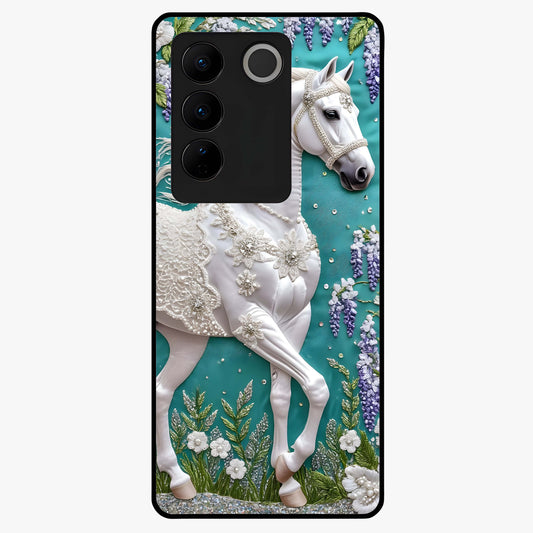 Majestic Floral Stallion Glass Case showing flat back view with powerful horse and floral artwork and glossy glass finish.