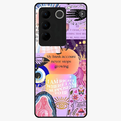 Manifestation Collage Glass Case showing flat back view with motivational collage artwork and glossy glass finish.