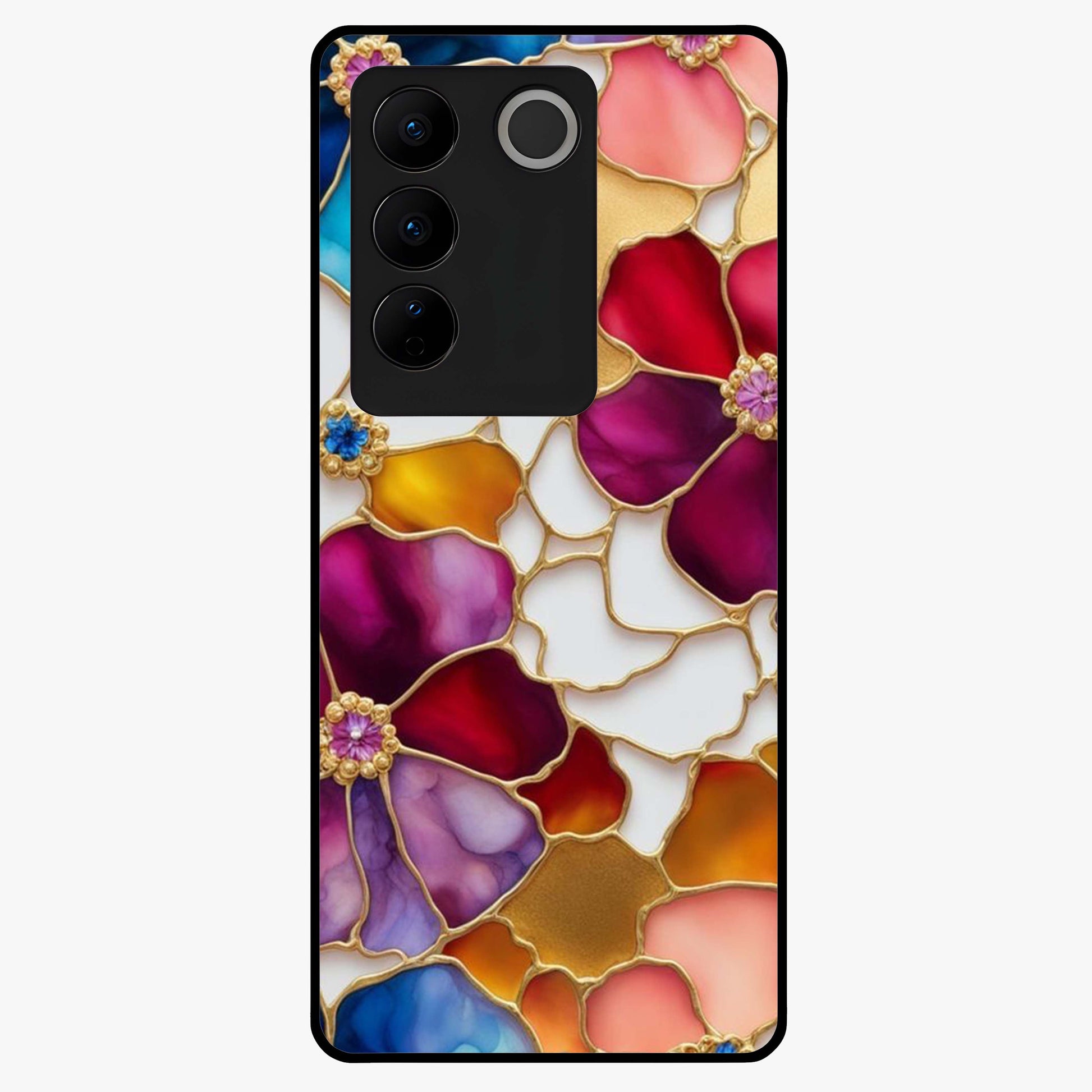 Marble Flower Pattern Glass Case showing flat back view with marble texture floral artwork and glossy glass finish.
