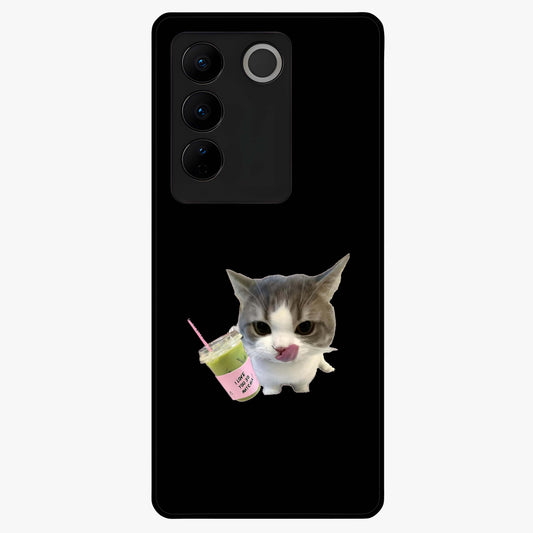 Matcha Cat Style Glass Case showing flat back view with cute matcha themed cat artwork and glossy glass finish.