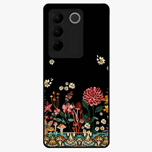 Midnight Bloom Pattern Glass Case showing flat back view with dark floral pattern artwork and glossy glass finish.