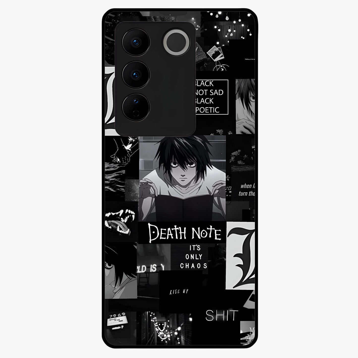 Midnight Chaos Mind Glass Case showing flat back view with abstract dark themed artwork and glossy glass finish.