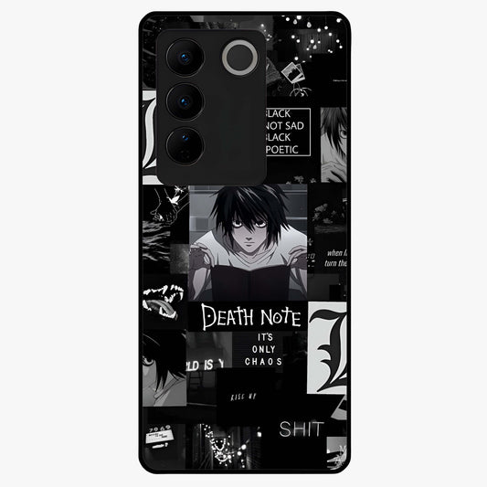 Midnight Chaos Mind Glass Case showing flat back view with abstract dark themed artwork and glossy glass finish.
