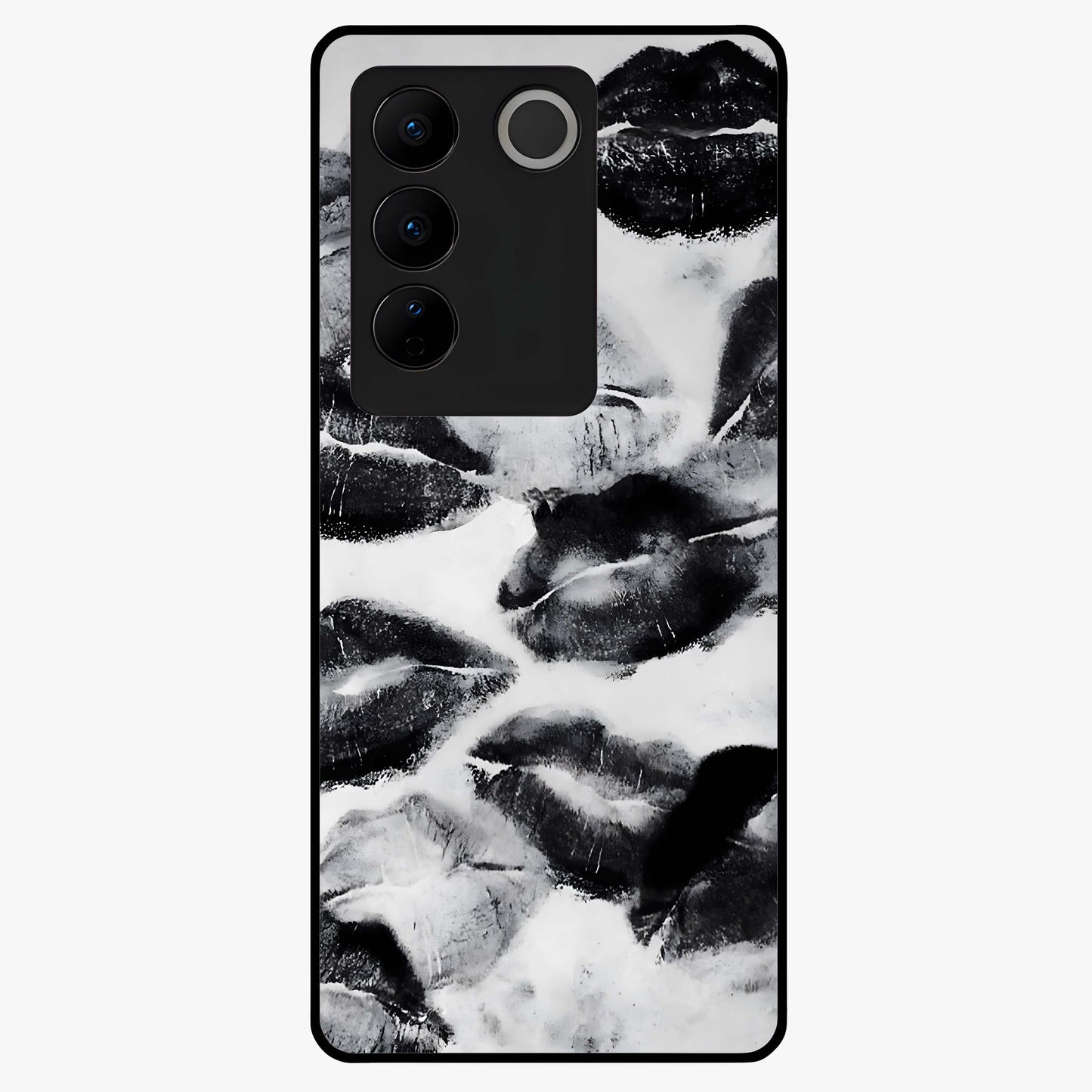Midnight Kiss Marks Glass Case showing flat back view with lipstick kiss mark artwork and glossy glass finish.