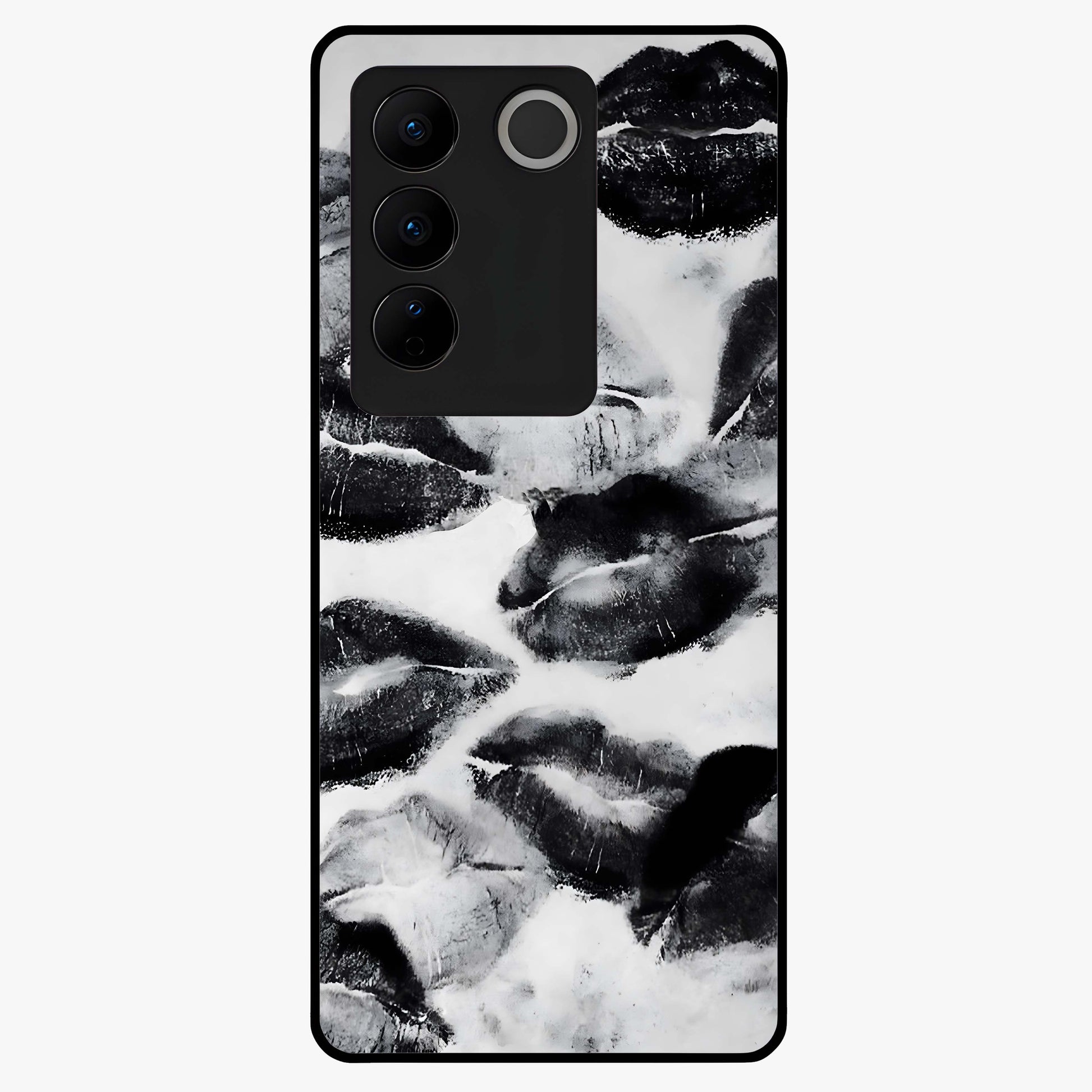 Midnight Kiss Marks Glass Case showing flat back view with lipstick kiss mark artwork and glossy glass finish.