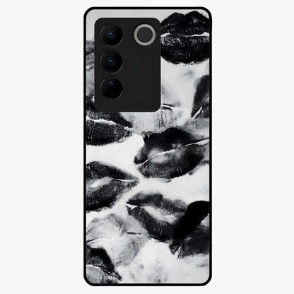 Midnight Kiss Marks Glass Case showing flat back view with lipstick kiss mark artwork and glossy glass finish.