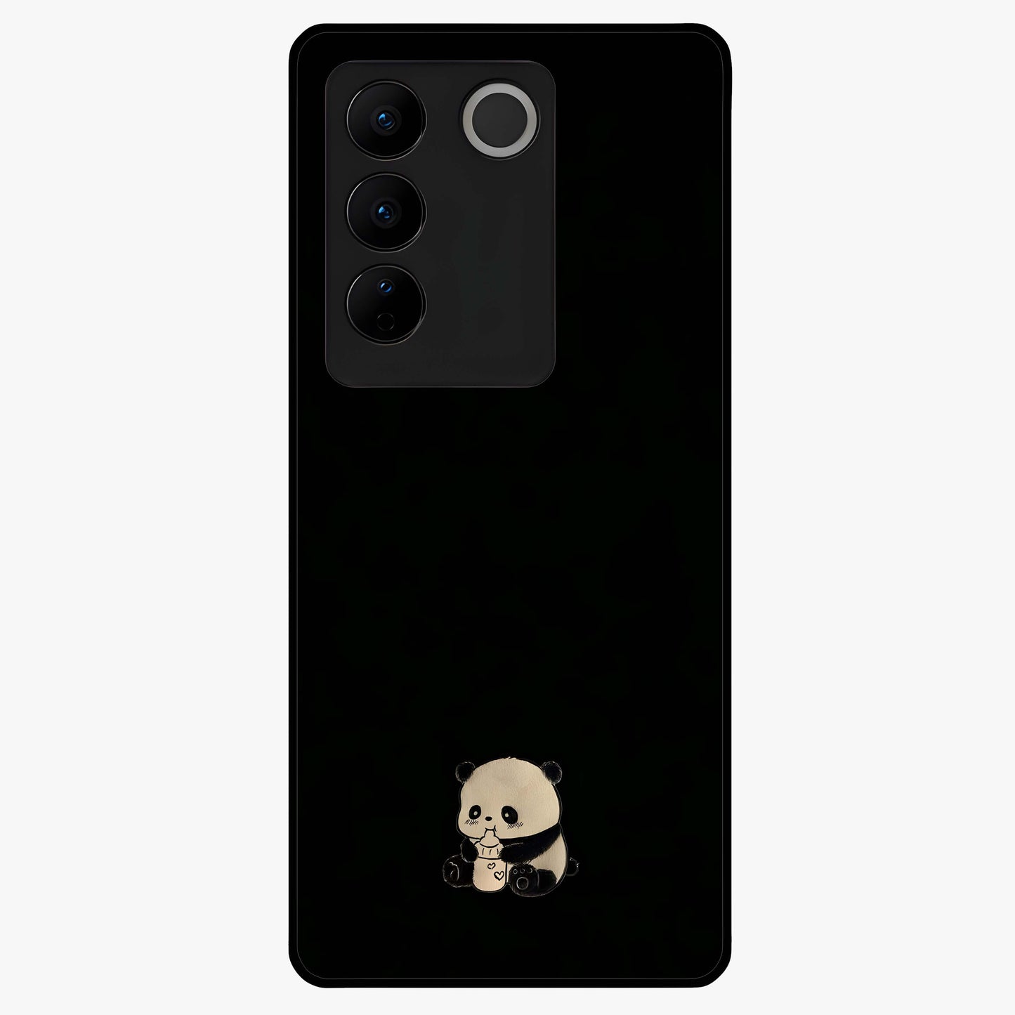 Midnight Panda Love Glass Case showing flat back view with cute panda themed artwork and glossy glass finish.