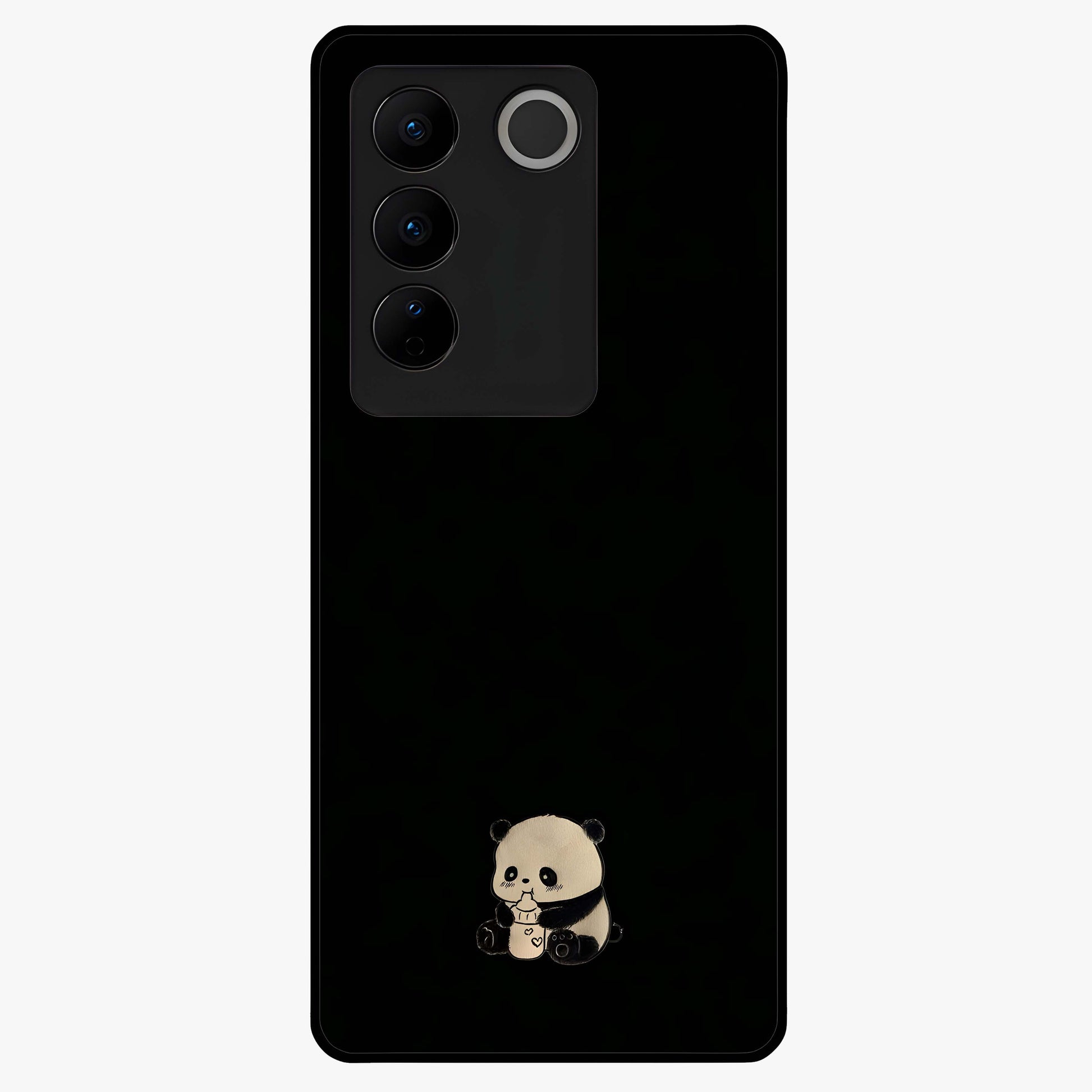 Midnight Panda Love Glass Case showing flat back view with cute panda themed artwork and glossy glass finish.