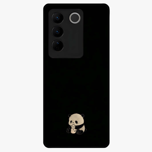 Midnight Panda Love Glass Case showing flat back view with cute panda themed artwork and glossy glass finish.