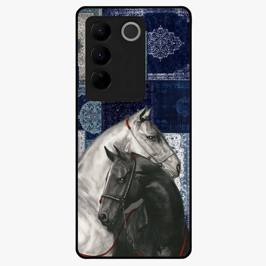Midnight Stallion Blues Glass Case showing flat back view with majestic horse artwork and glossy glass finish.